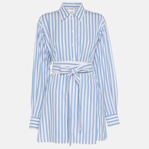 Celine White/blue Stripe Cotton Waist Tie Long Shirt M